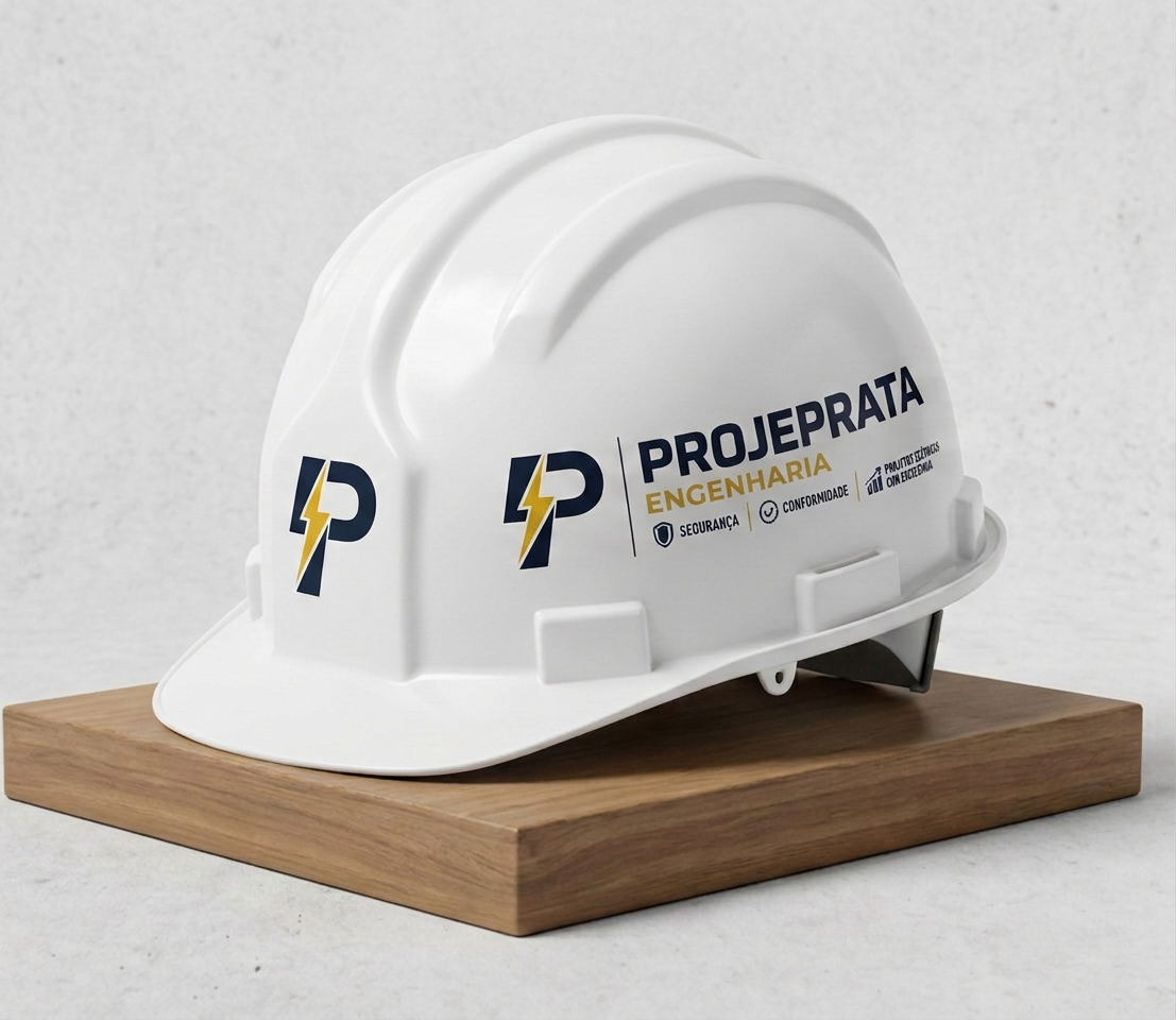 Capacete de segurança branco com identidade visual da Projeprata Engenharia